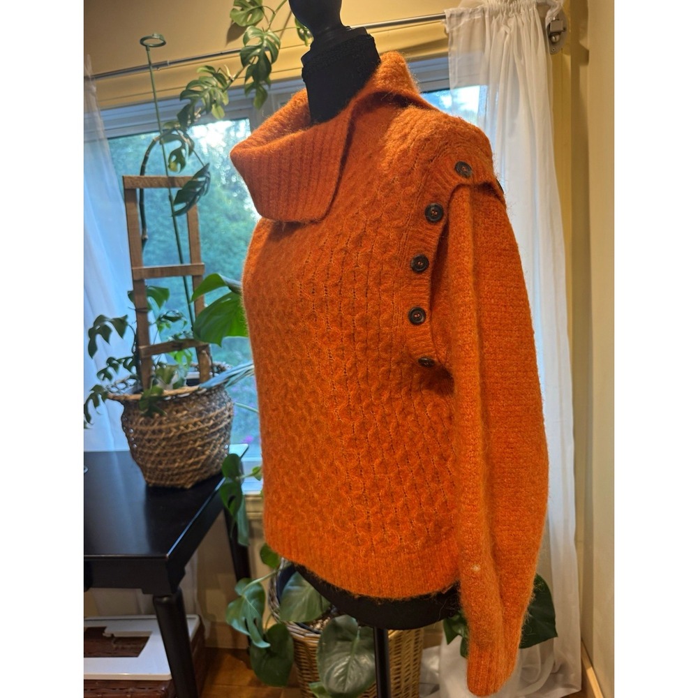 Anthropologie Orange Cable-Knit Wool Collared Button Shoulder Pullover Sweater L